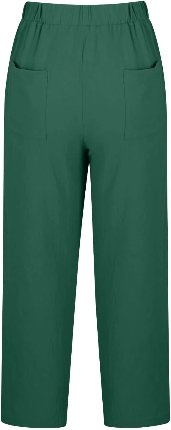 Cotton Linen Pants for Women Wide Leg Cropped Lounge Trouser Drawstring Elastic Waist Summer Beach Pant with Pockets