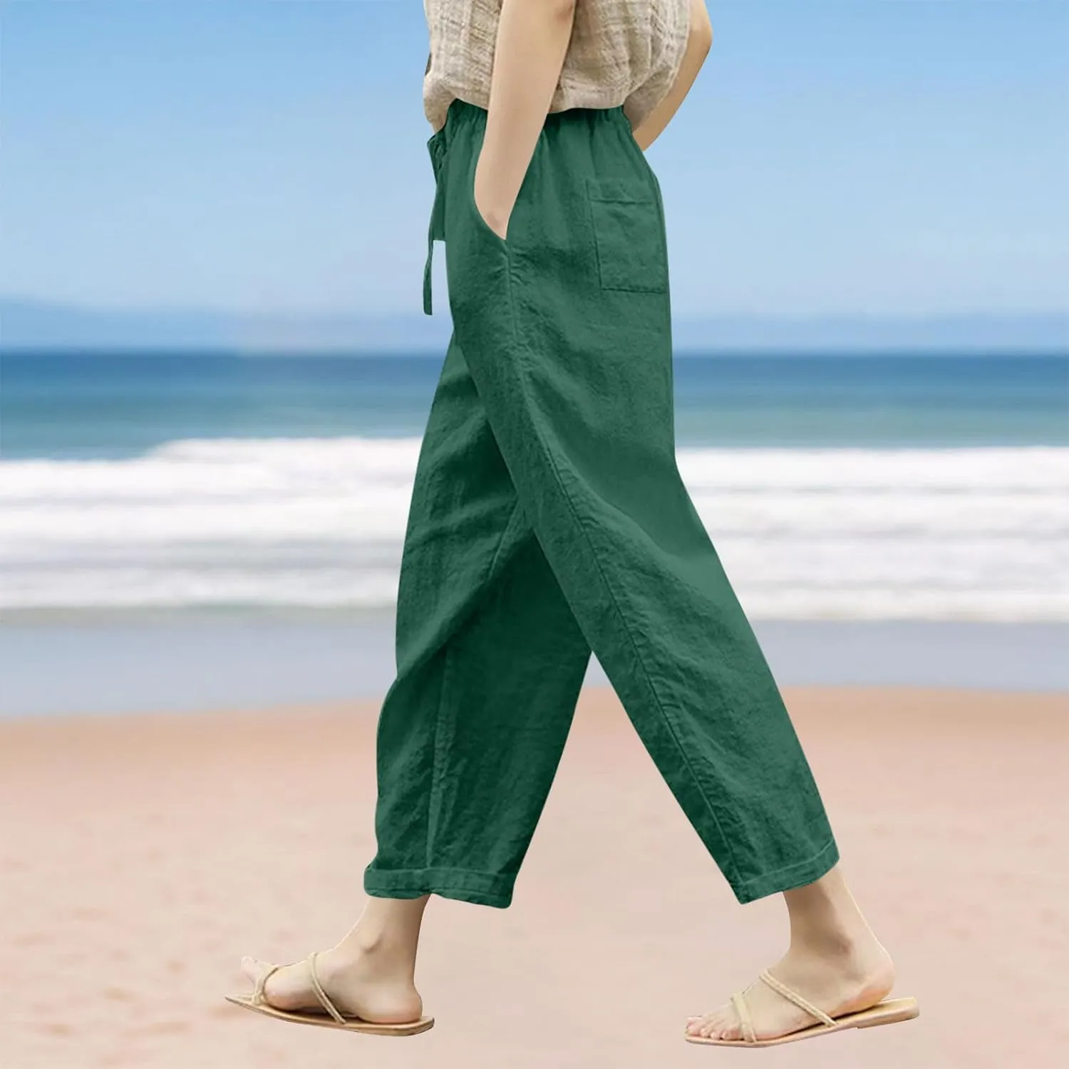 Cotton Linen Pants for Women Wide Leg Cropped Lounge Trouser Drawstring Elastic Waist Summer Beach Pant with Pockets