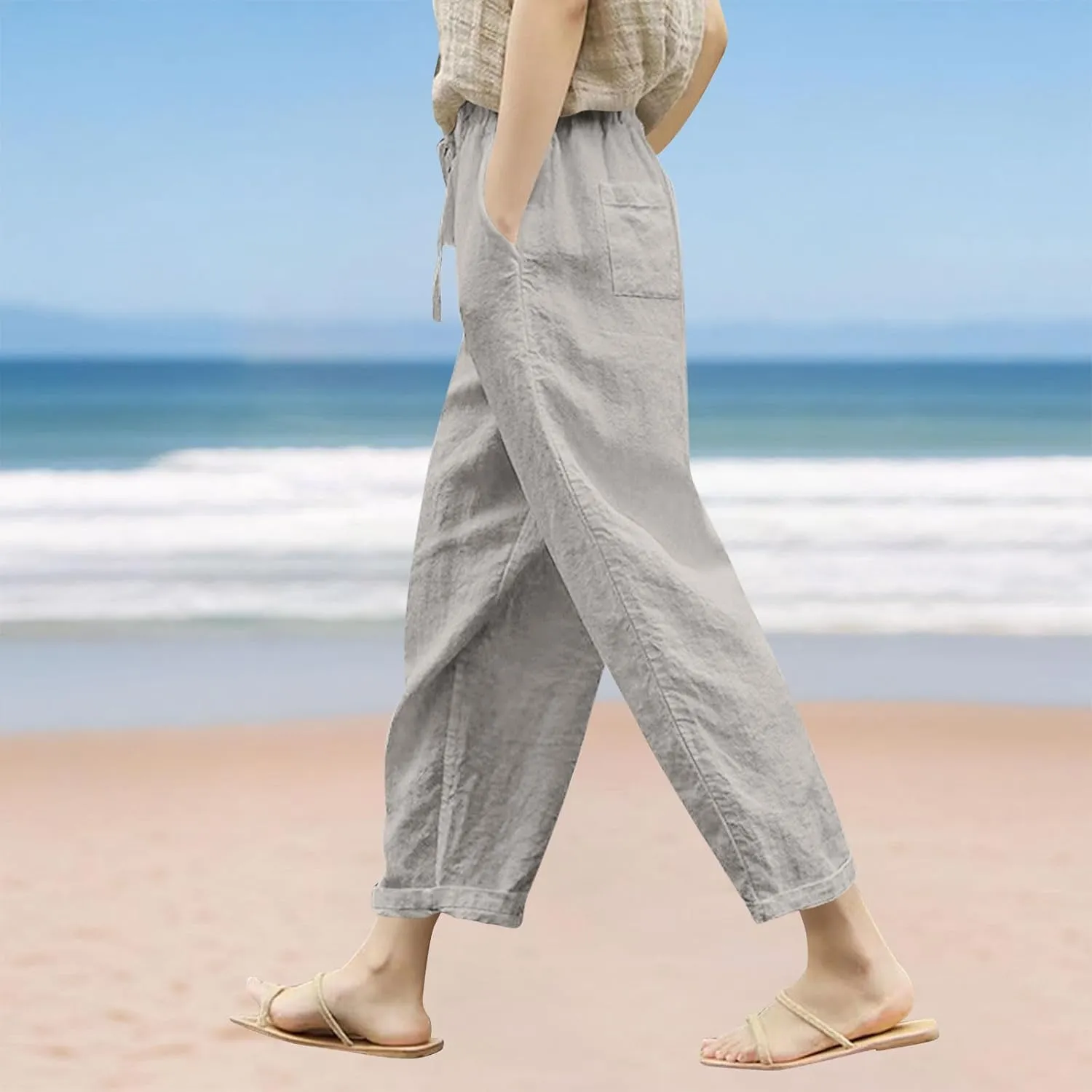 Cotton Linen Pants for Women Wide Leg Cropped Lounge Trouser Drawstring Elastic Waist Summer Beach Pant with Pockets