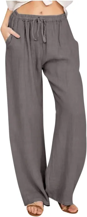 Cotton Linen Summer Pants Women Trendy Casual High Waist Drawstring Loose Fit Lightweight Long Palazzo Gauze Trousers