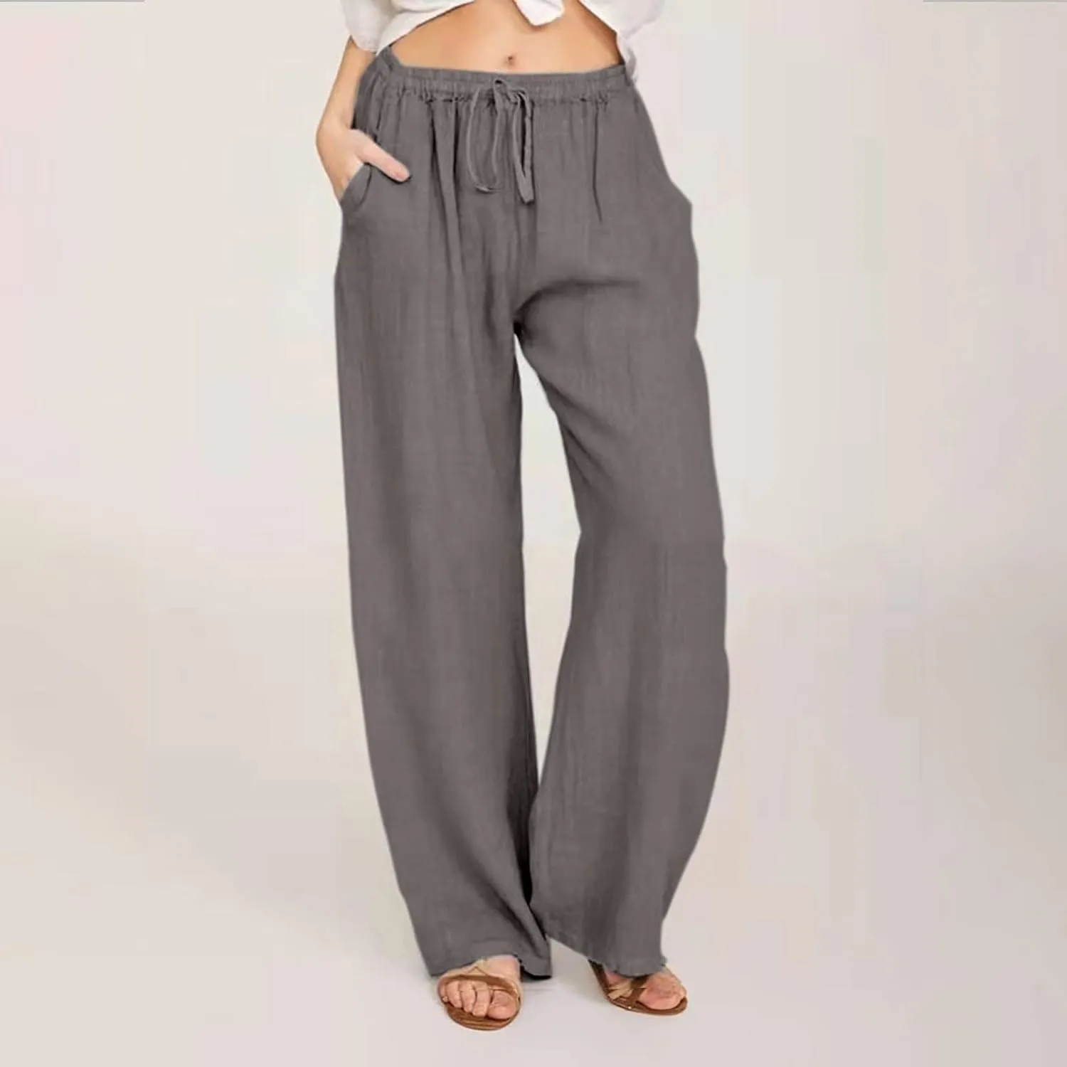 Cotton Linen Summer Pants Women Trendy Casual High Waist Drawstring Loose Fit Lightweight Long Palazzo Gauze Trousers
