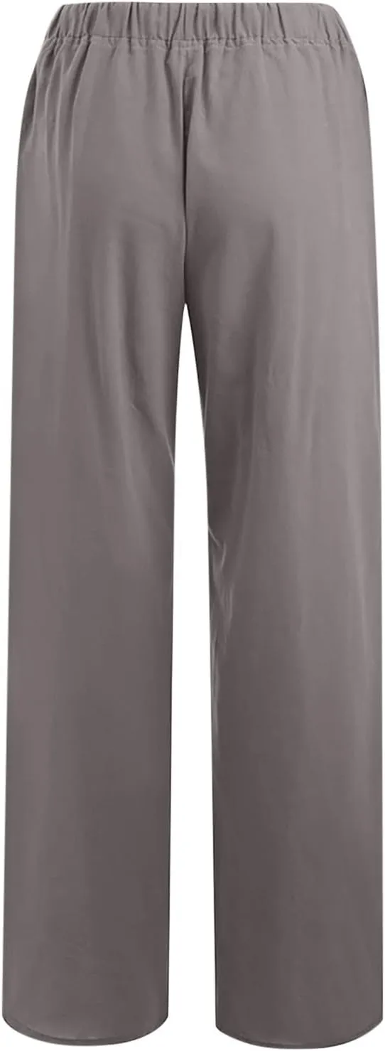 Cotton Linen Summer Pants Women Trendy Casual High Waist Drawstring Loose Fit Lightweight Long Palazzo Gauze Trousers
