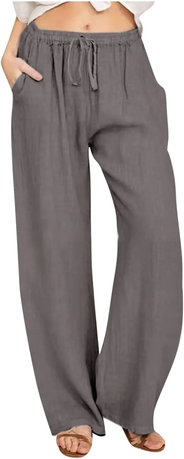 Cotton Linen Summer Pants Women Trendy Casual High Waist Drawstring Loose Fit Lightweight Long Palazzo Gauze Trousers