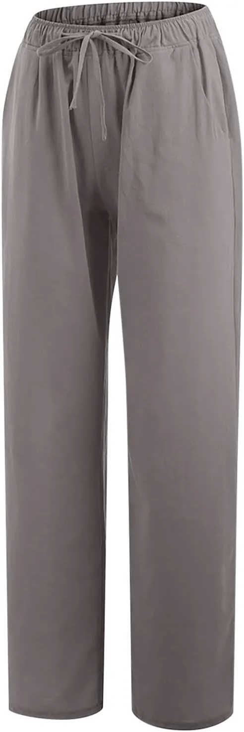 Cotton Linen Summer Pants Women Trendy Casual High Waist Drawstring Loose Fit Lightweight Long Palazzo Gauze Trousers
