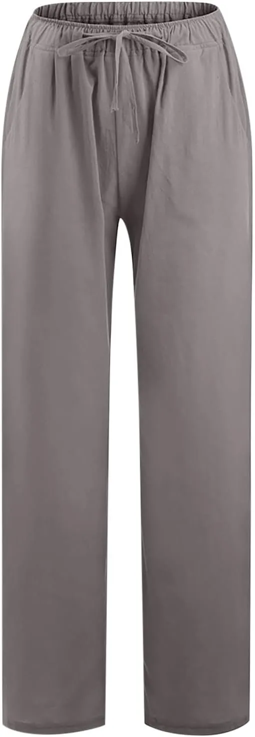 Cotton Linen Summer Pants Women Trendy Casual High Waist Drawstring Loose Fit Lightweight Long Palazzo Gauze Trousers