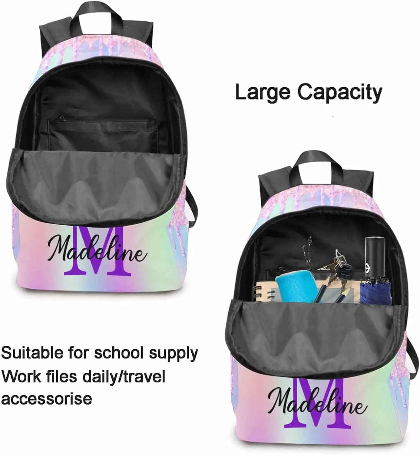 Custom Casual Unisex Daypack Bags Glitter Backpack Afro Princess College Shoulders Backpack with Name Travel Bookbags