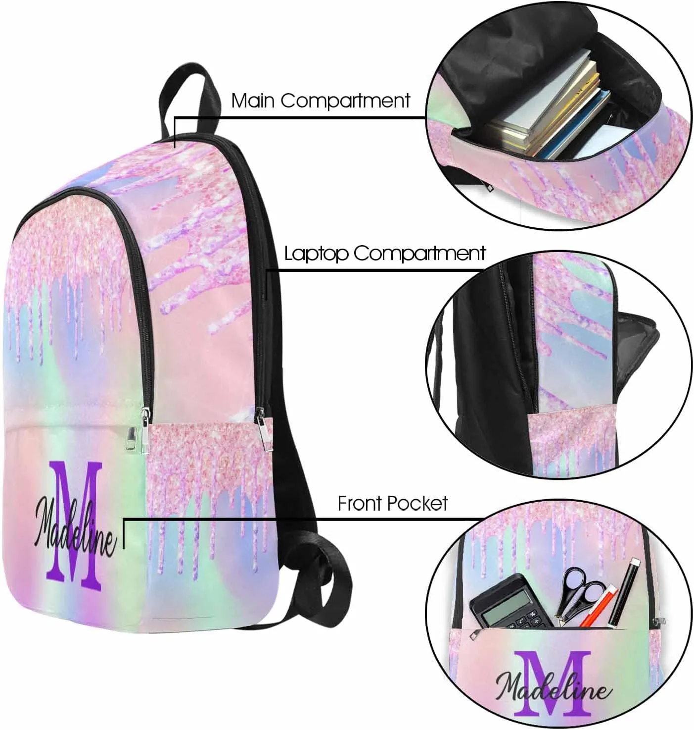 Custom Casual Unisex Daypack Bags Glitter Backpack Afro Princess College Shoulders Backpack with Name Travel Bookbags