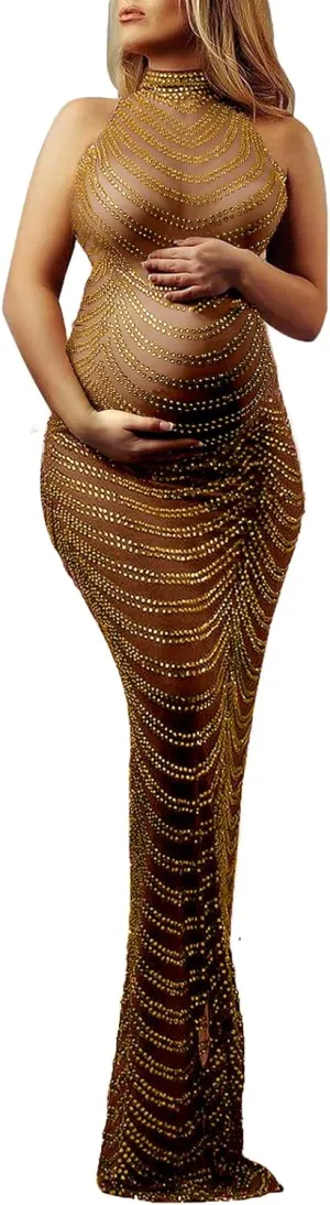 Dedysler Maternity Photography Gown Sleeveless Sexy Shiny Rhinestone Photoshoot Dress for Baby Shower