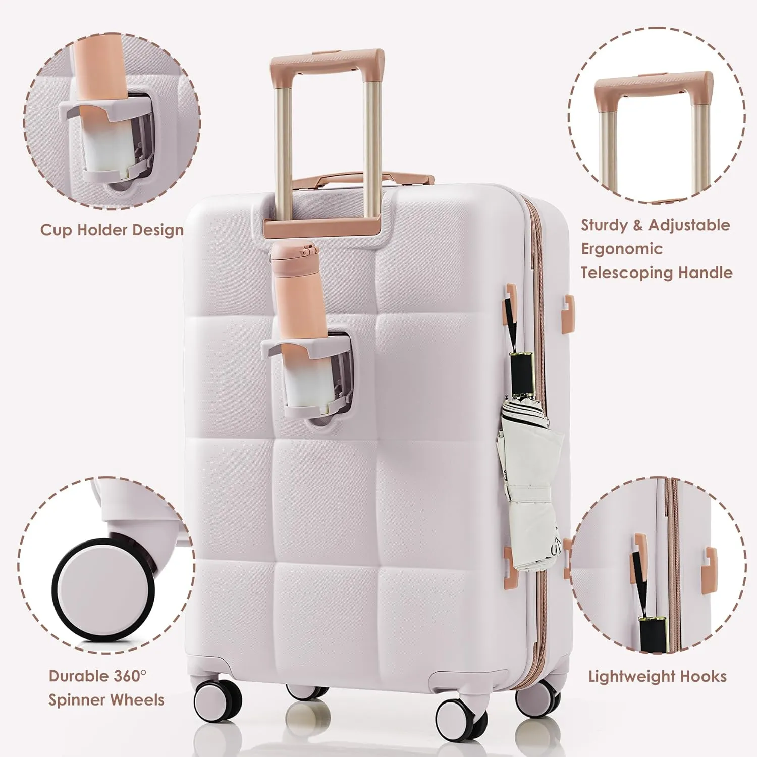DEINPPA Luggage Sets 3 Piece, 20-inch with USB Port and front opening design, ABS Hard Shell Luggage with Spinner Wheels, Cup Holder, light grey