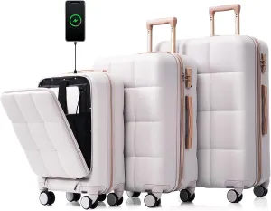 DEINPPA Luggage Sets 3 Piece, 20-inch with USB Port and front opening design, ABS Hard Shell Luggage with Spinner Wheels, Cup Holder, light grey