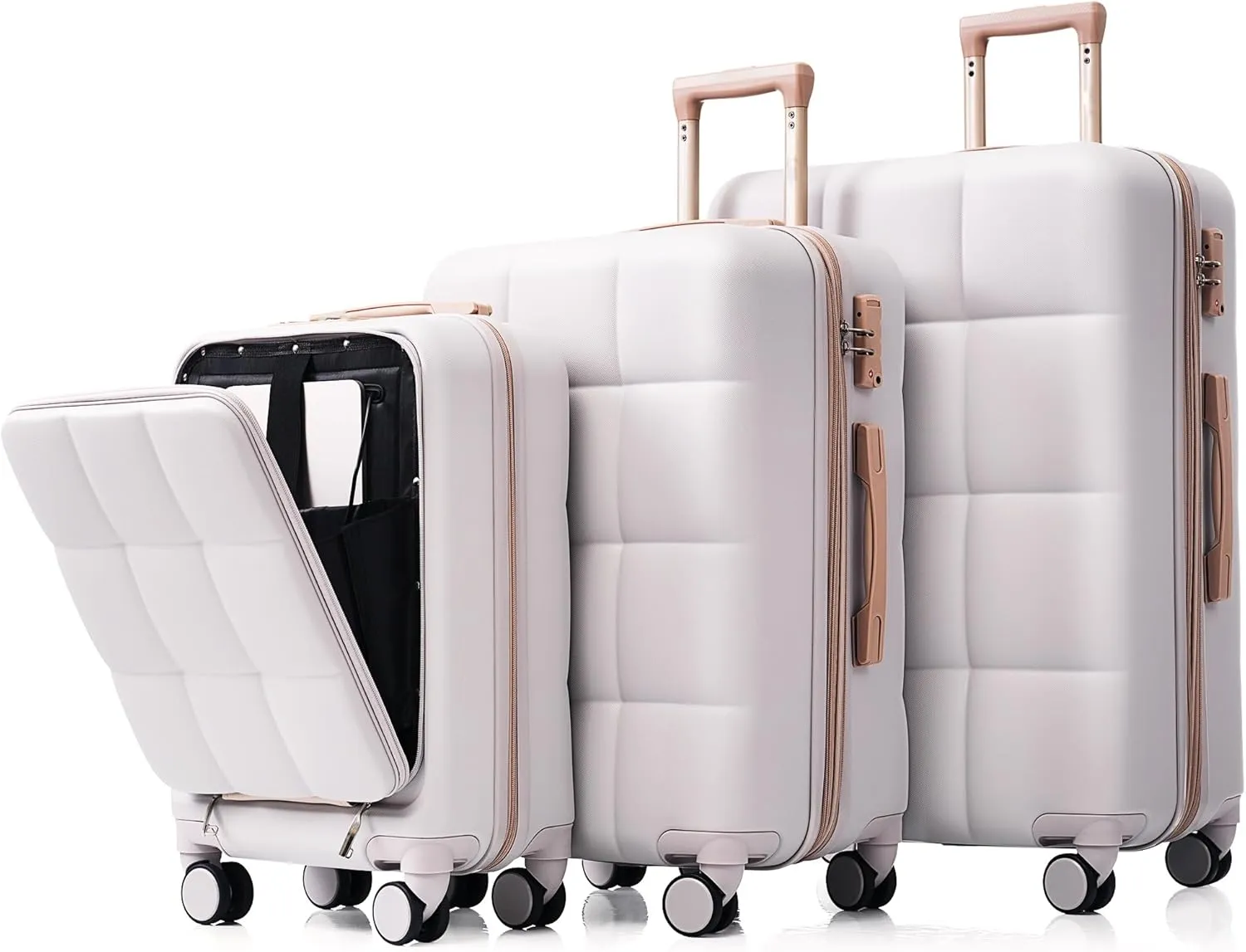 DEINPPA Luggage Sets 3 Piece, 20-inch with USB Port and front opening design, ABS Hard Shell Luggage with Spinner Wheels, Cup Holder, light grey