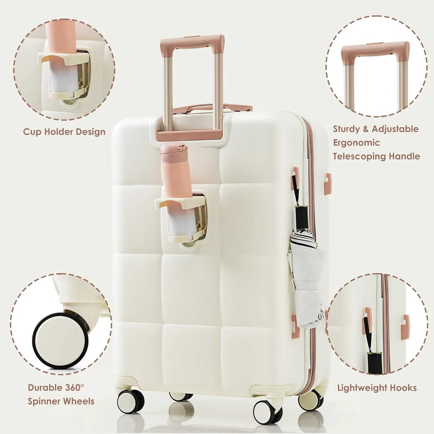 DEINPPA Luggage Sets 3 Piece, 20-inch with USB Port and front opening design, ABS Hard Shell Luggage with Spinner Wheels, Cup Holder, white