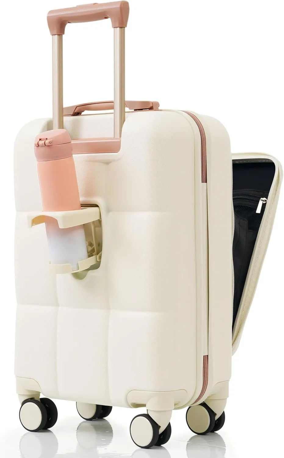 DEINPPA Luggage Sets 3 Piece, 20-inch with USB Port and front opening design, ABS Hard Shell Luggage with Spinner Wheels, Cup Holder, white