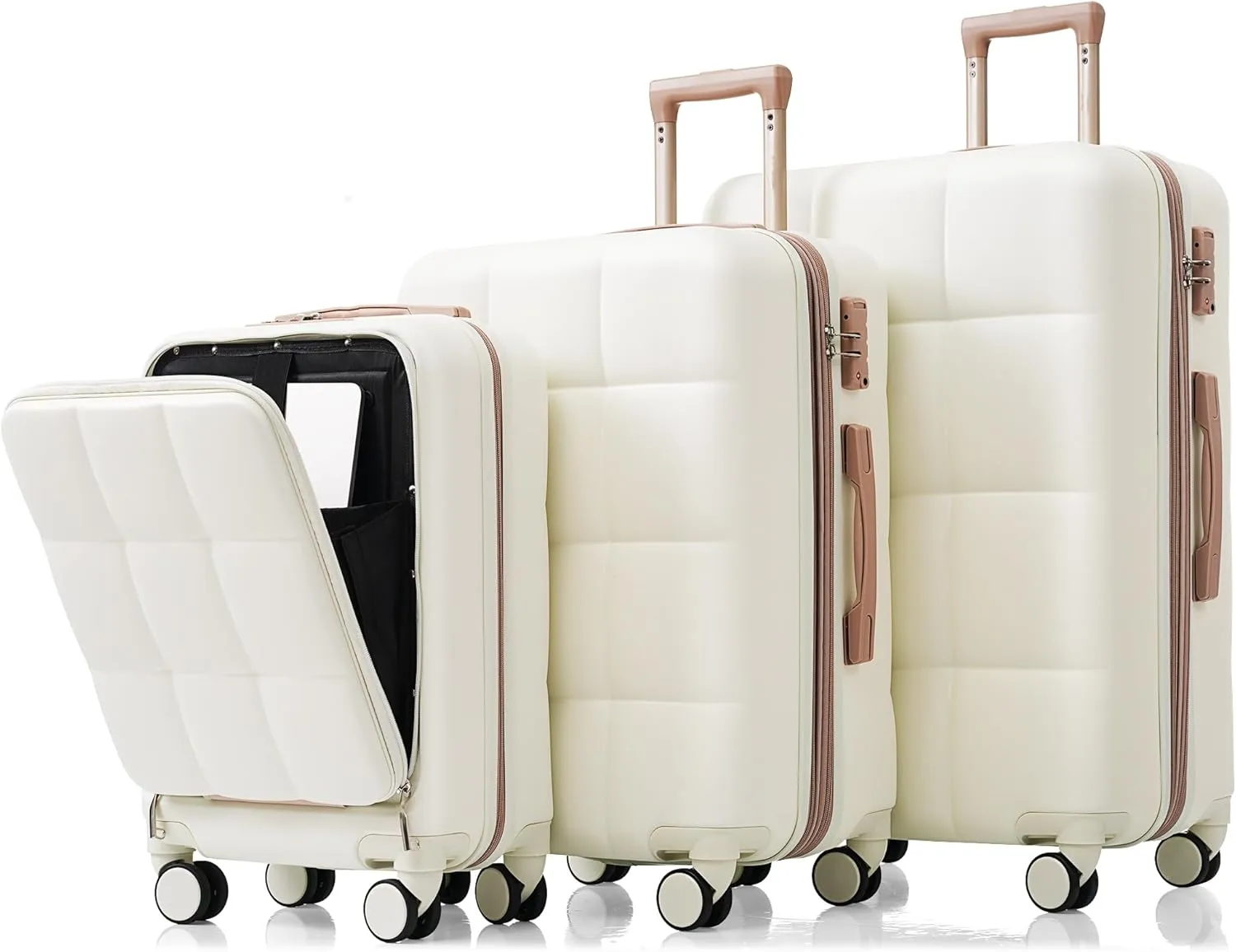 DEINPPA Luggage Sets 3 Piece, 20-inch with USB Port and front opening design, ABS Hard Shell Luggage with Spinner Wheels, Cup Holder, white