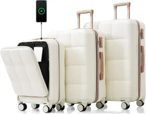 DEINPPA Luggage Sets 3 Piece, 20-inch with USB Port and front opening design, ABS Hard Shell Luggage with Spinner Wheels, Cup Holder, white