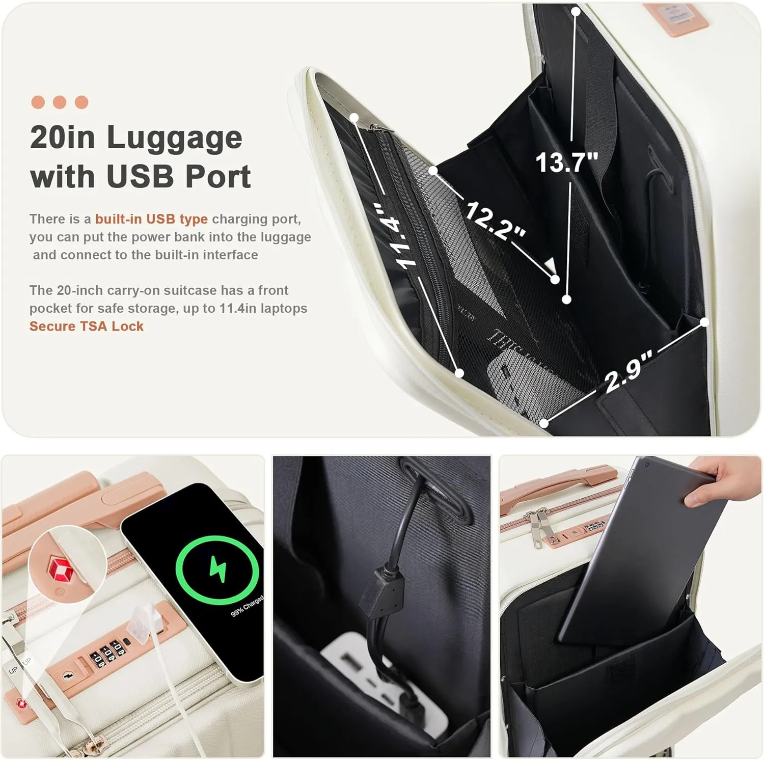 DEINPPA Luggage Sets 3 Piece, 20-inch with USB Port and front opening design, ABS Hard Shell Luggage with Spinner Wheels, Cup Holder, white