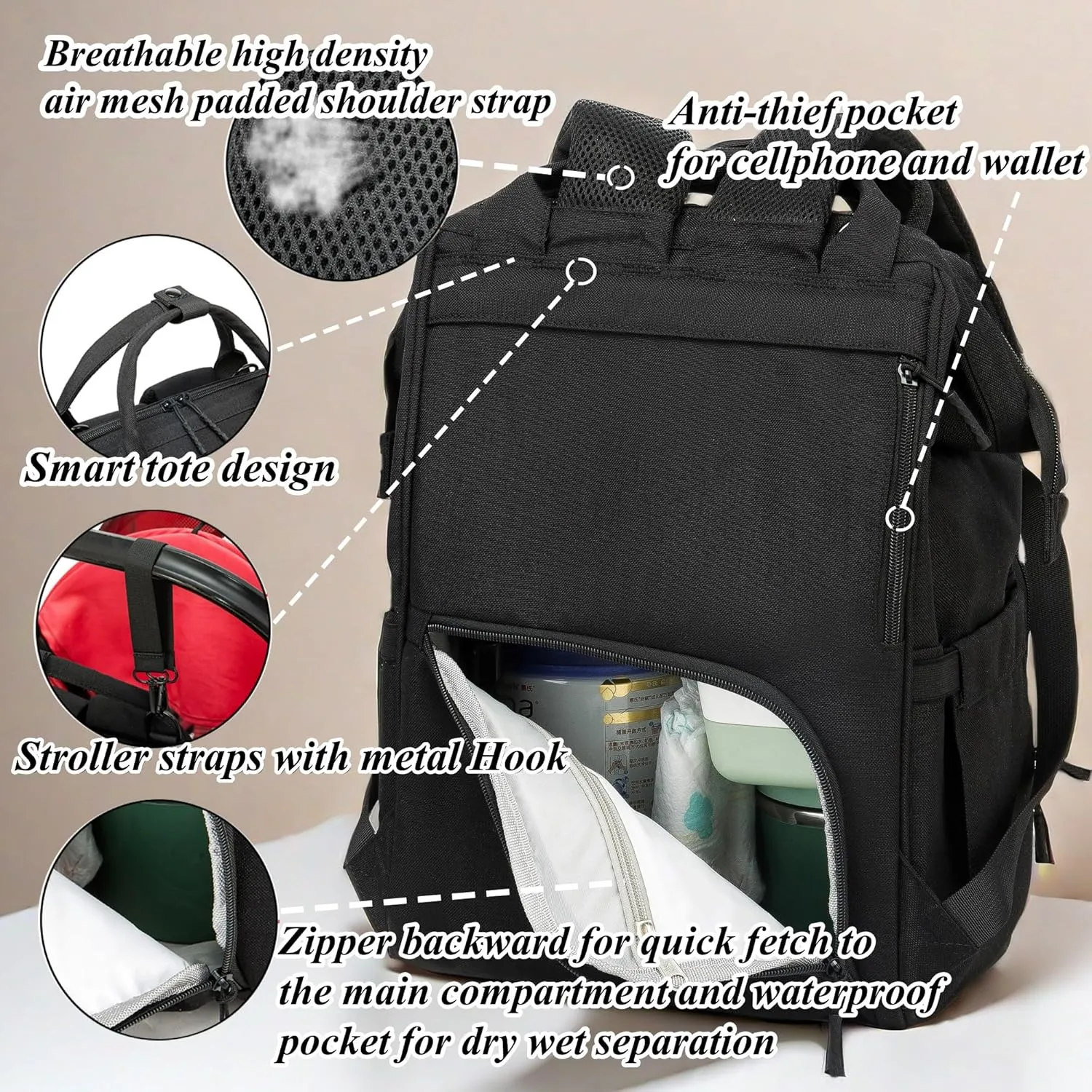Diaper Bag Backpack for Dad and Mom with USB Charging Port Stroller Straps and Insulated Pocket,army military Travel Nappy Backpack for Daddy/Mommy (Black)