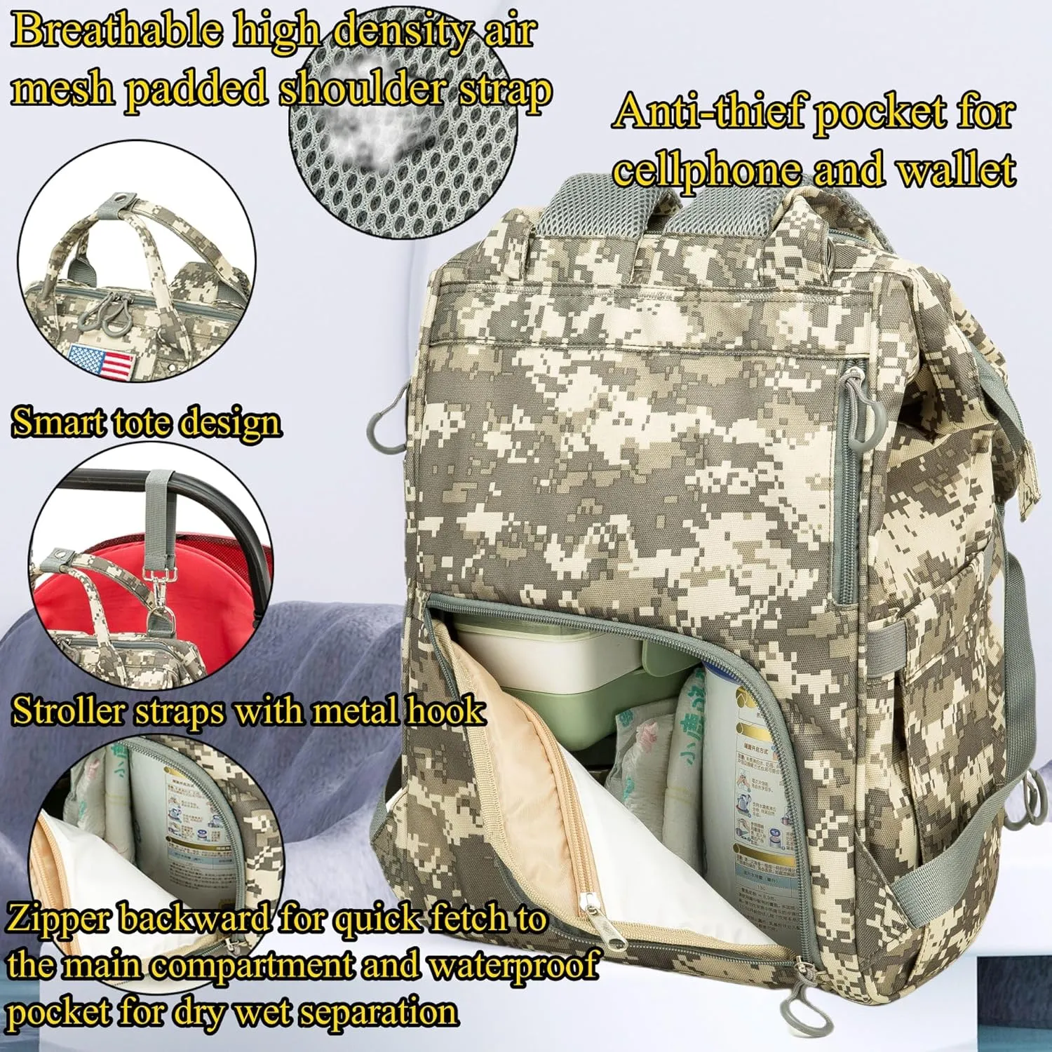Diaper Bag Backpack for Dad and Mom with USB Charging Port Stroller Straps and Insulated Pocket,army military Travel Nappy Backpack for Daddy/Mommy (Camo)