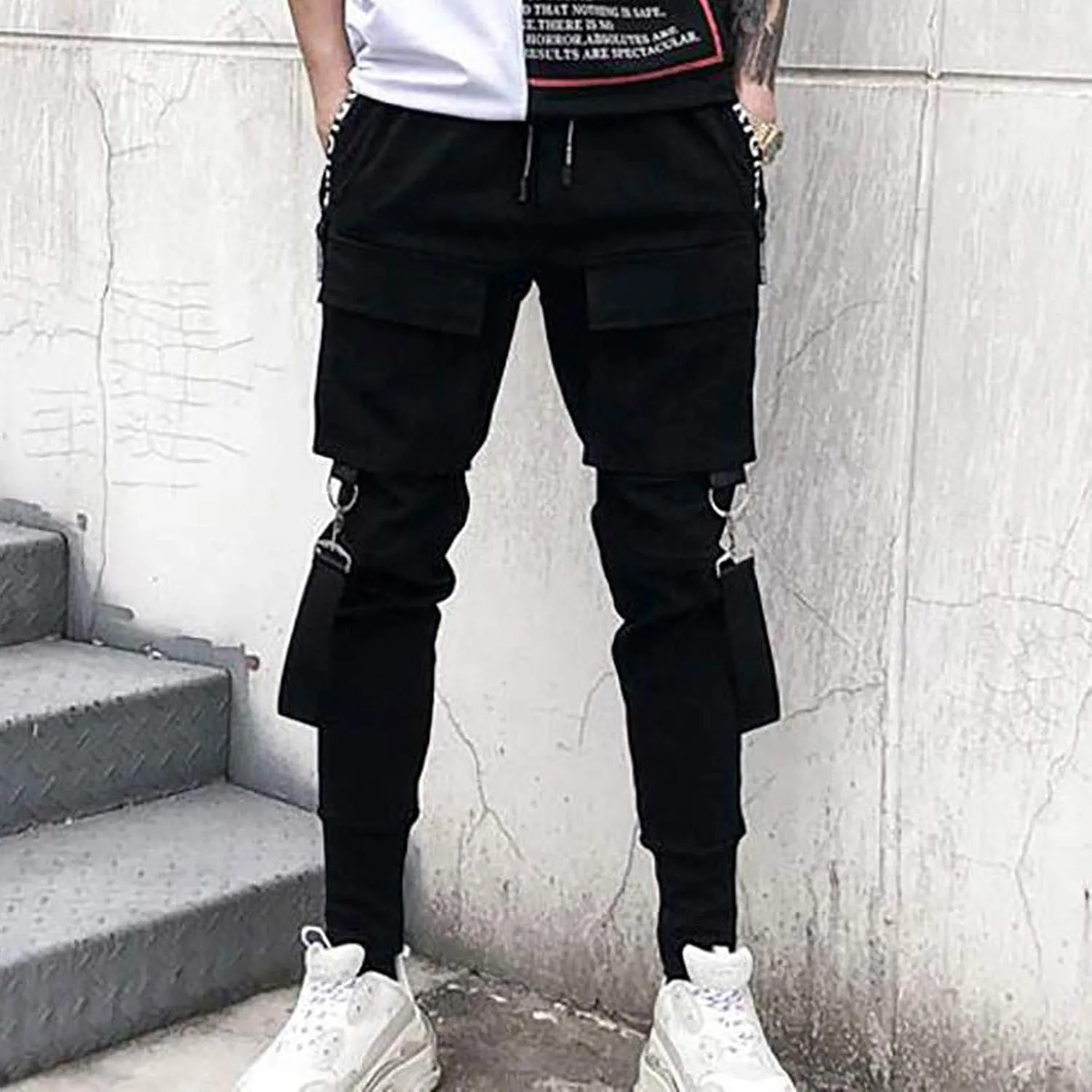 DuDubaby High Waisted Yoga Pants Men's Pockets Pencil Pants Hip Hop Patchwork Sweatpants Mens Pants Slim Fit