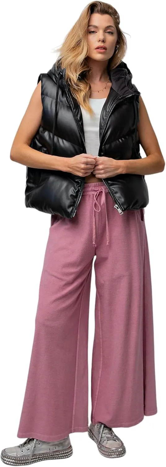 Easel Inside Out Mineral Washed Terry Knit Wide Leg Pants