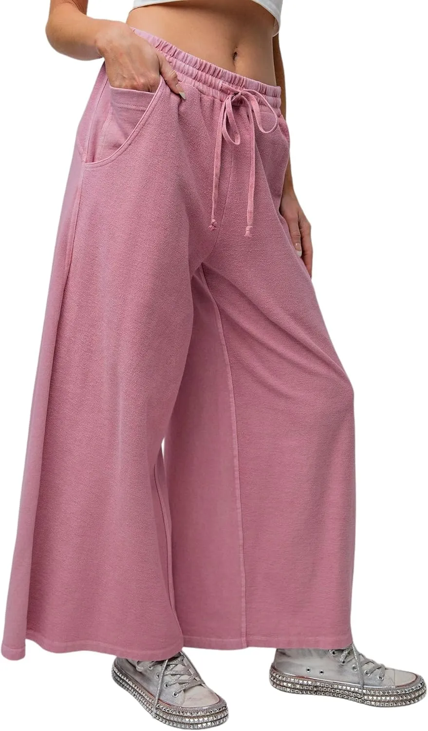 Easel Inside Out Mineral Washed Terry Knit Wide Leg Pants