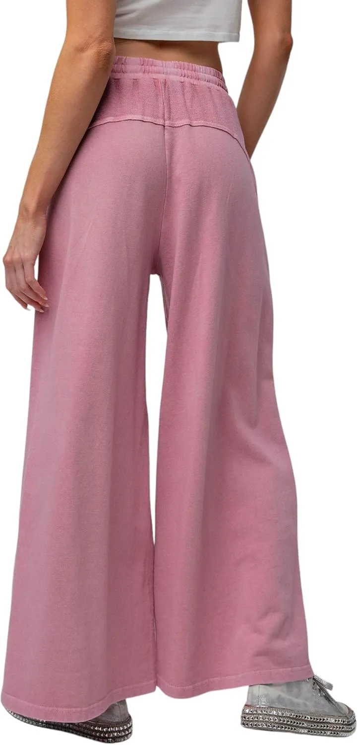 Easel Inside Out Mineral Washed Terry Knit Wide Leg Pants