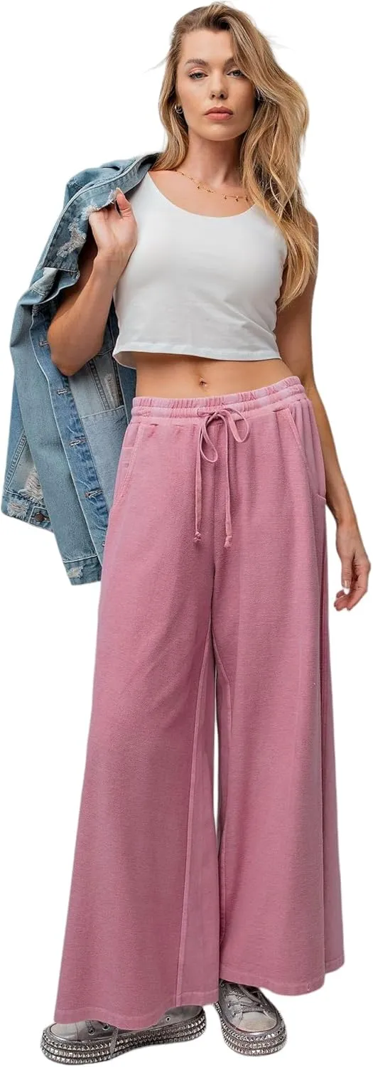 Easel Inside Out Mineral Washed Terry Knit Wide Leg Pants
