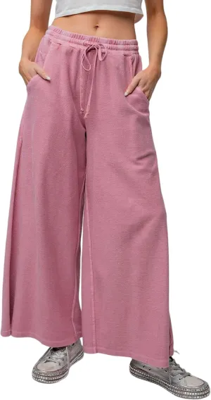 Easel Inside Out Mineral Washed Terry Knit Wide Leg Pants