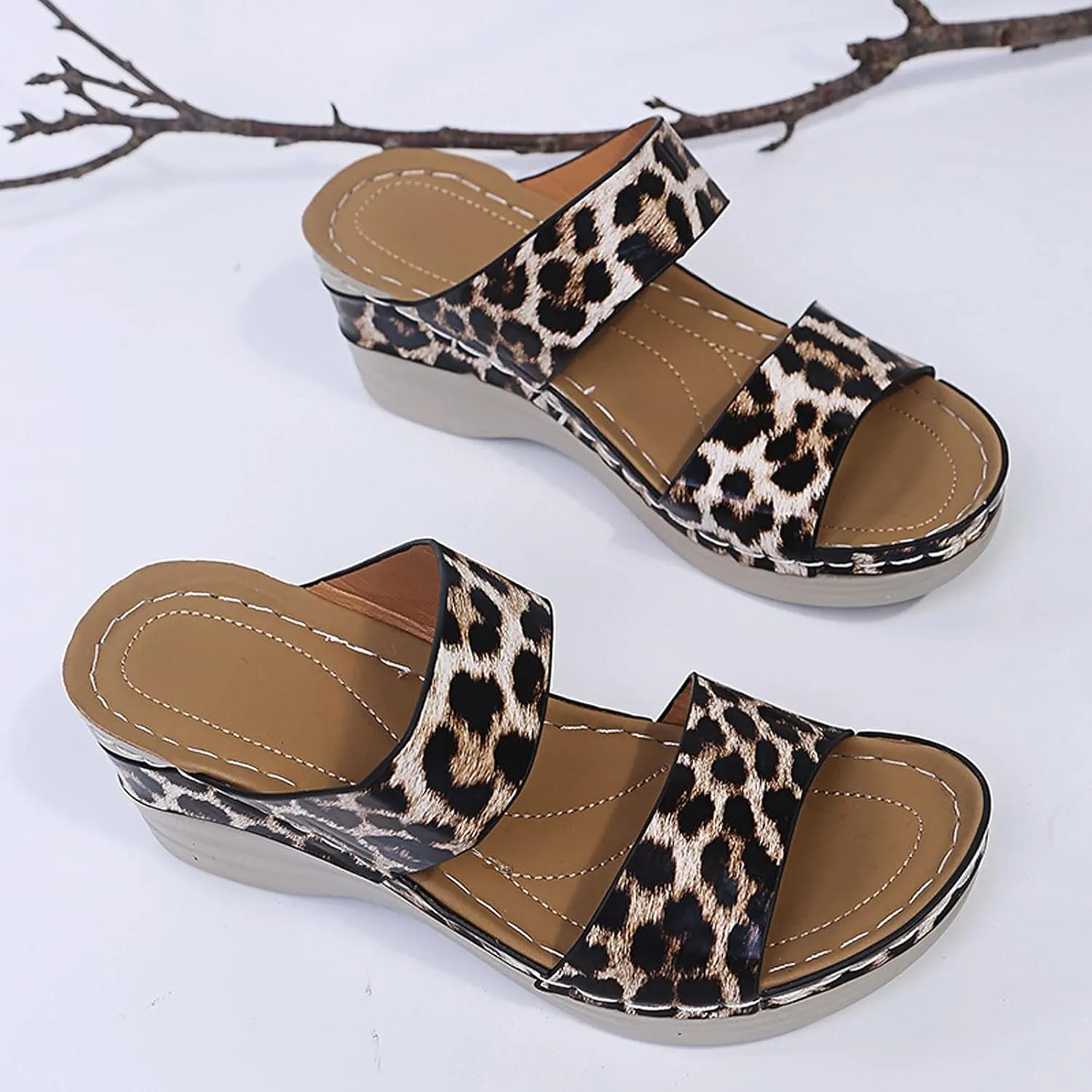 Eduavar Wedge Sandals for Women Dressy, Sandals Women Leopard Print Sandals Breathable Peep Toe Slip On Wedge Sandals Shoes