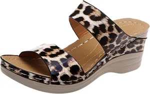 Eduavar Wedge Sandals for Women Dressy, Sandals Women Leopard Print Sandals Breathable Peep Toe Slip On Wedge Sandals Shoes