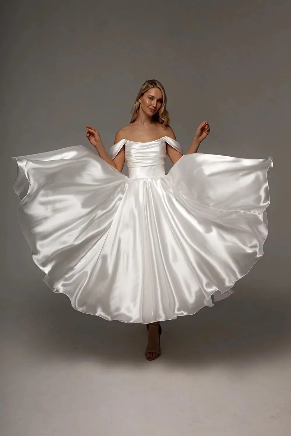 Eightale Tea Length Wedding Dress for Bride Midi Long Ruched Backless Boho Beach Bridal Shower Gowns for Women