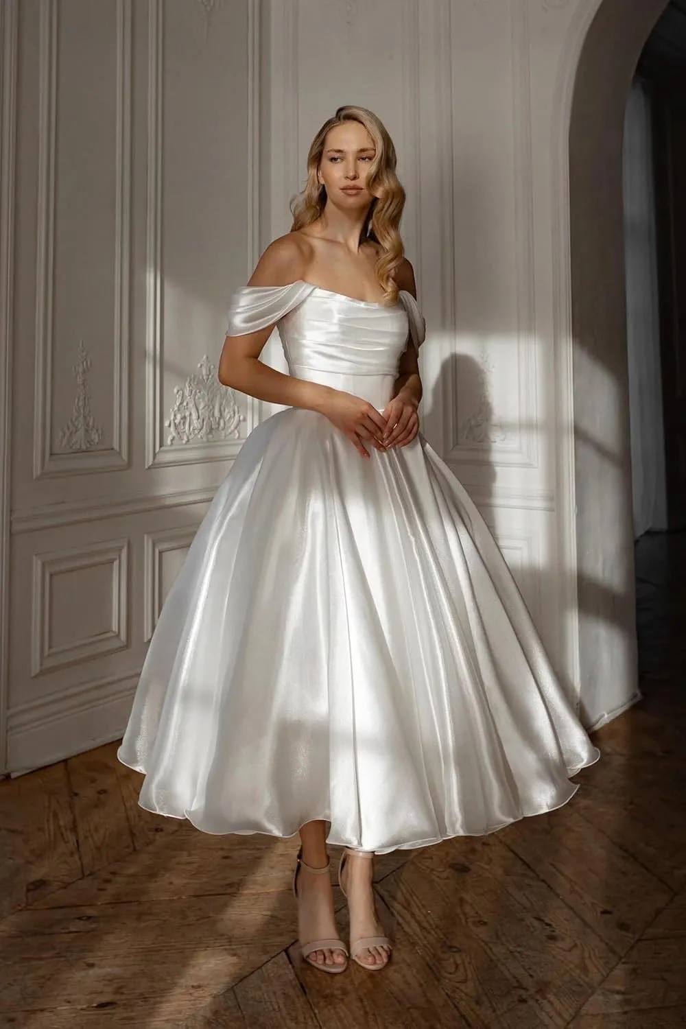 Eightale Tea Length Wedding Dress for Bride Midi Long Ruched Backless Boho Beach Bridal Shower Gowns for Women