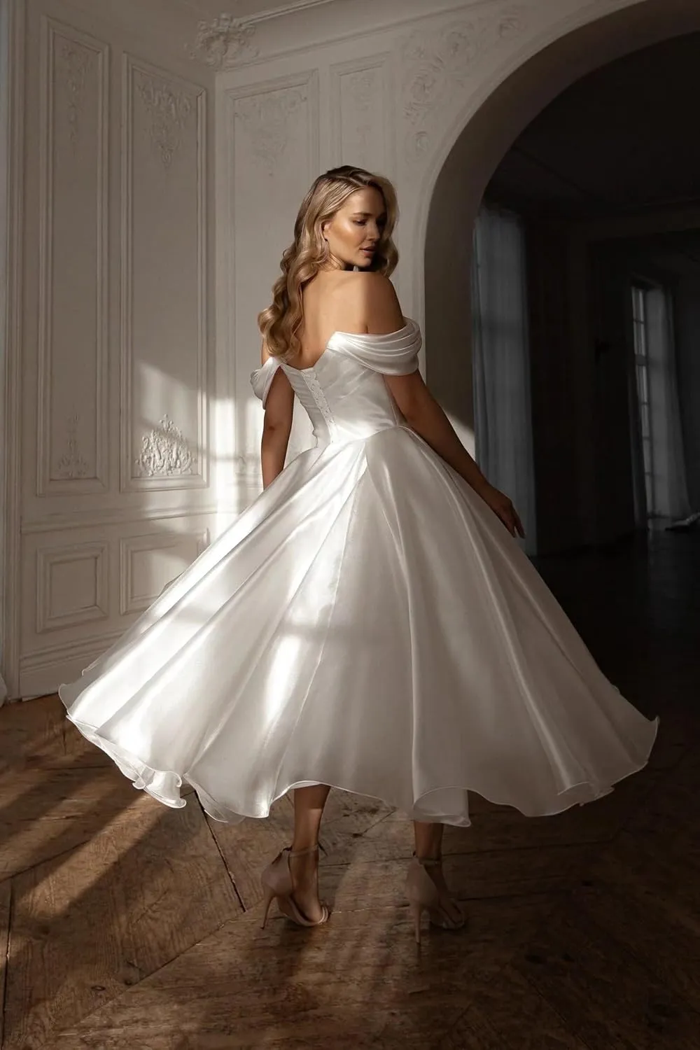 Eightale Tea Length Wedding Dress for Bride Midi Long Ruched Backless Boho Beach Bridal Shower Gowns for Women