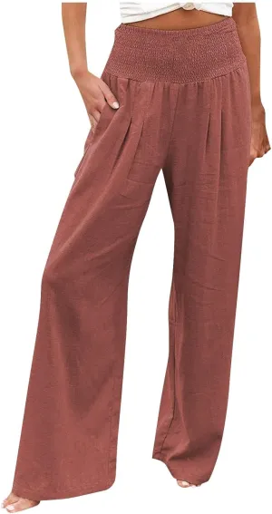 Elastic Waist Linen Pants Women Summer Smocked High Waisted Wide Leg Pants Office Pull On Work Trousers with Pockets