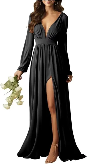 Elegant Chiffon Maxi Bridesmaid Dress with High Slit Long Sleeves Prom Dress A Line Ruched Party Gown BS22
