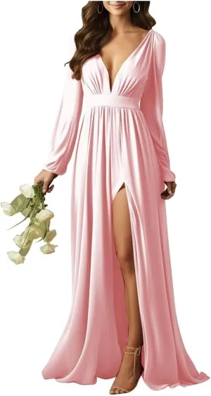 Elegant Chiffon Maxi Bridesmaid Dress with High Slit Long Sleeves Prom Dress A Line Ruched Party Gown BS22