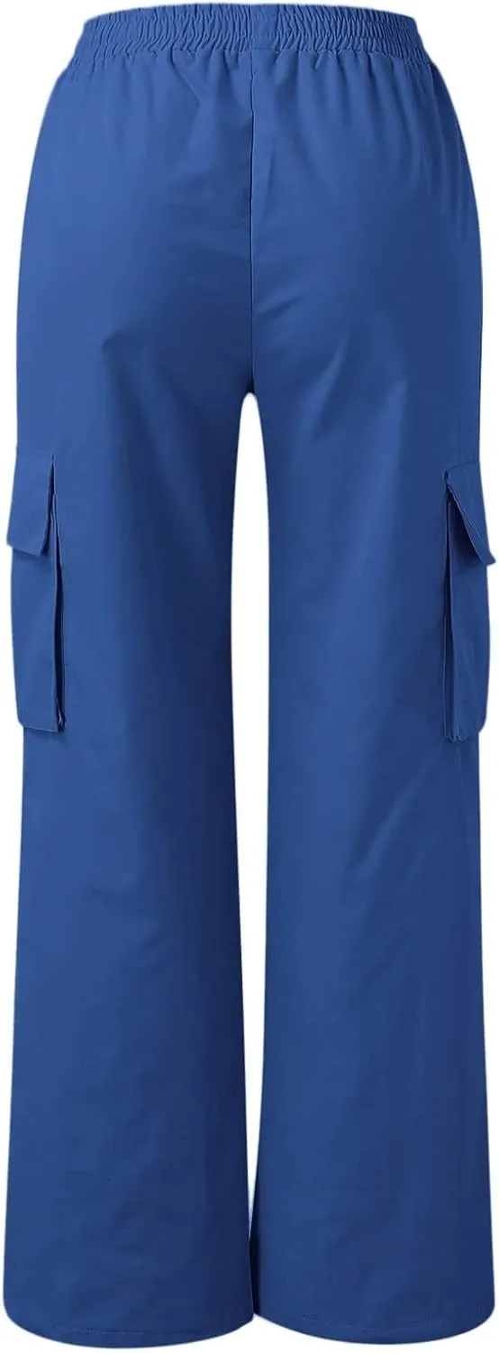 eoeioa Womens High Waist Trendy Y2K Cargo Pants Baggy Summer Straight Pockets Trousers Solid Wide Leg Overalls Long Pants
