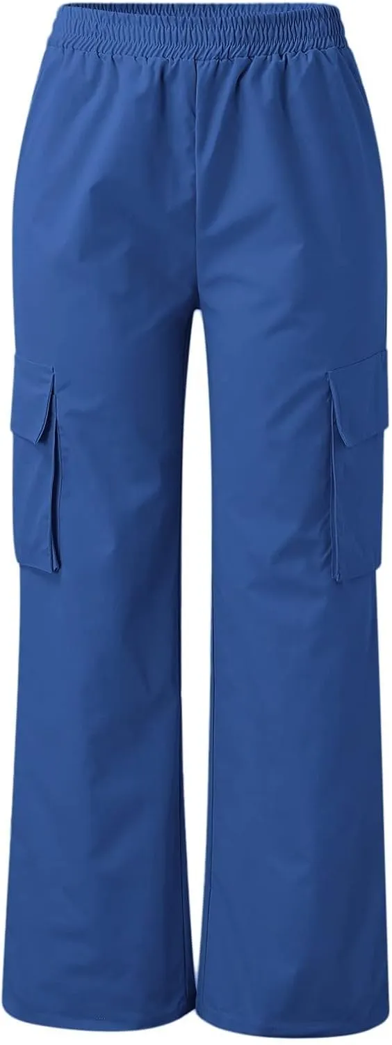 eoeioa Womens High Waist Trendy Y2K Cargo Pants Baggy Summer Straight Pockets Trousers Solid Wide Leg Overalls Long Pants