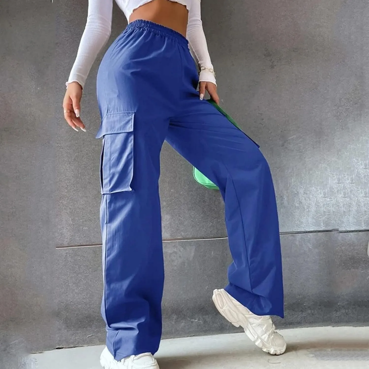 eoeioa Womens High Waist Trendy Y2K Cargo Pants Baggy Summer Straight Pockets Trousers Solid Wide Leg Overalls Long Pants