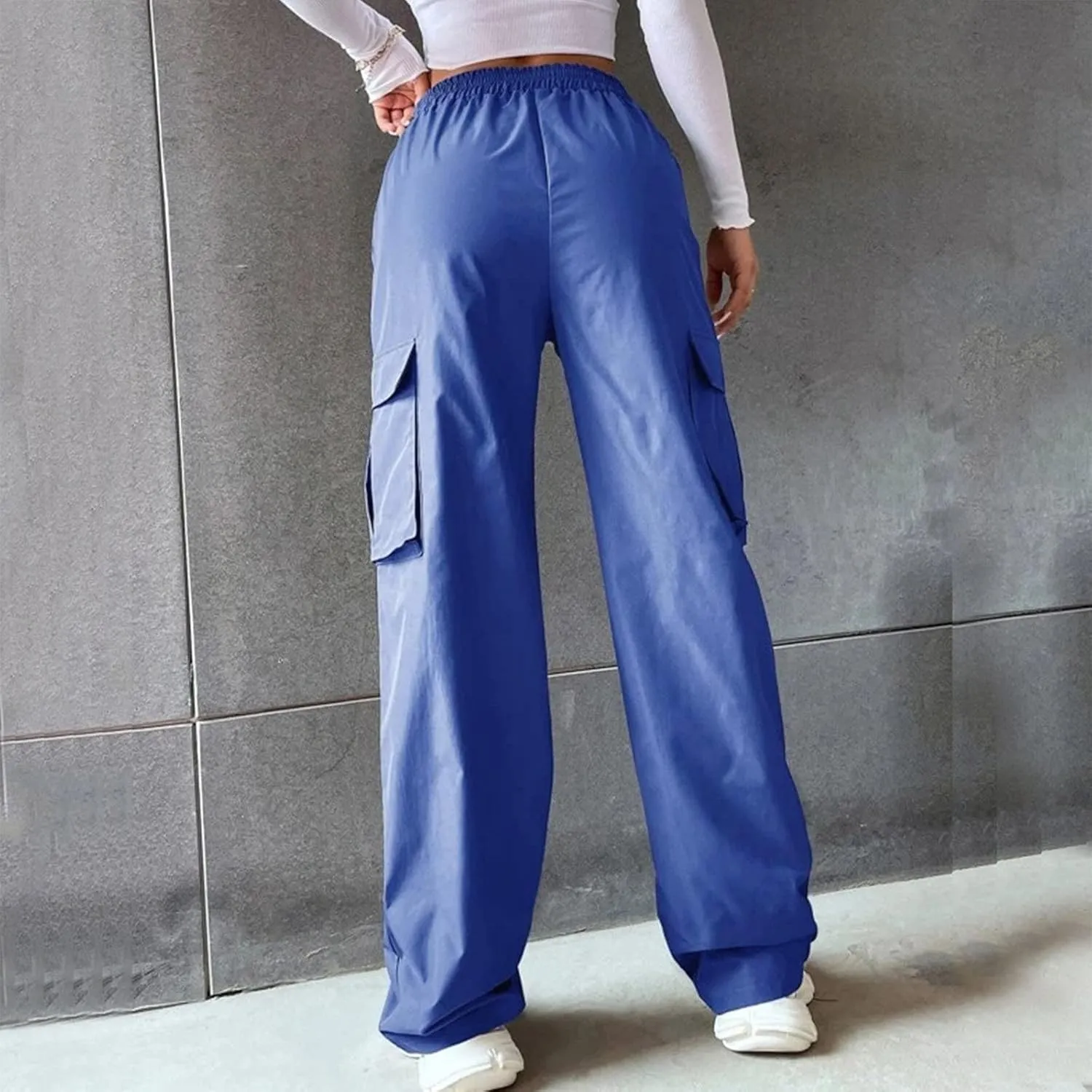 eoeioa Womens High Waist Trendy Y2K Cargo Pants Baggy Summer Straight Pockets Trousers Solid Wide Leg Overalls Long Pants