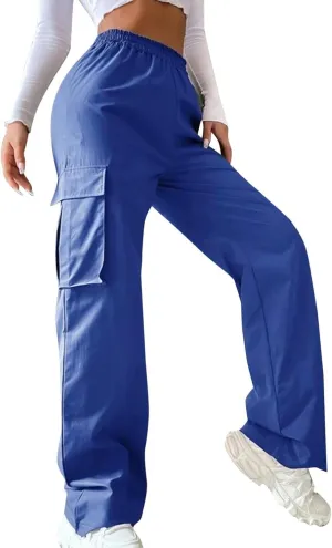 eoeioa Womens High Waist Trendy Y2K Cargo Pants Baggy Summer Straight Pockets Trousers Solid Wide Leg Overalls Long Pants
