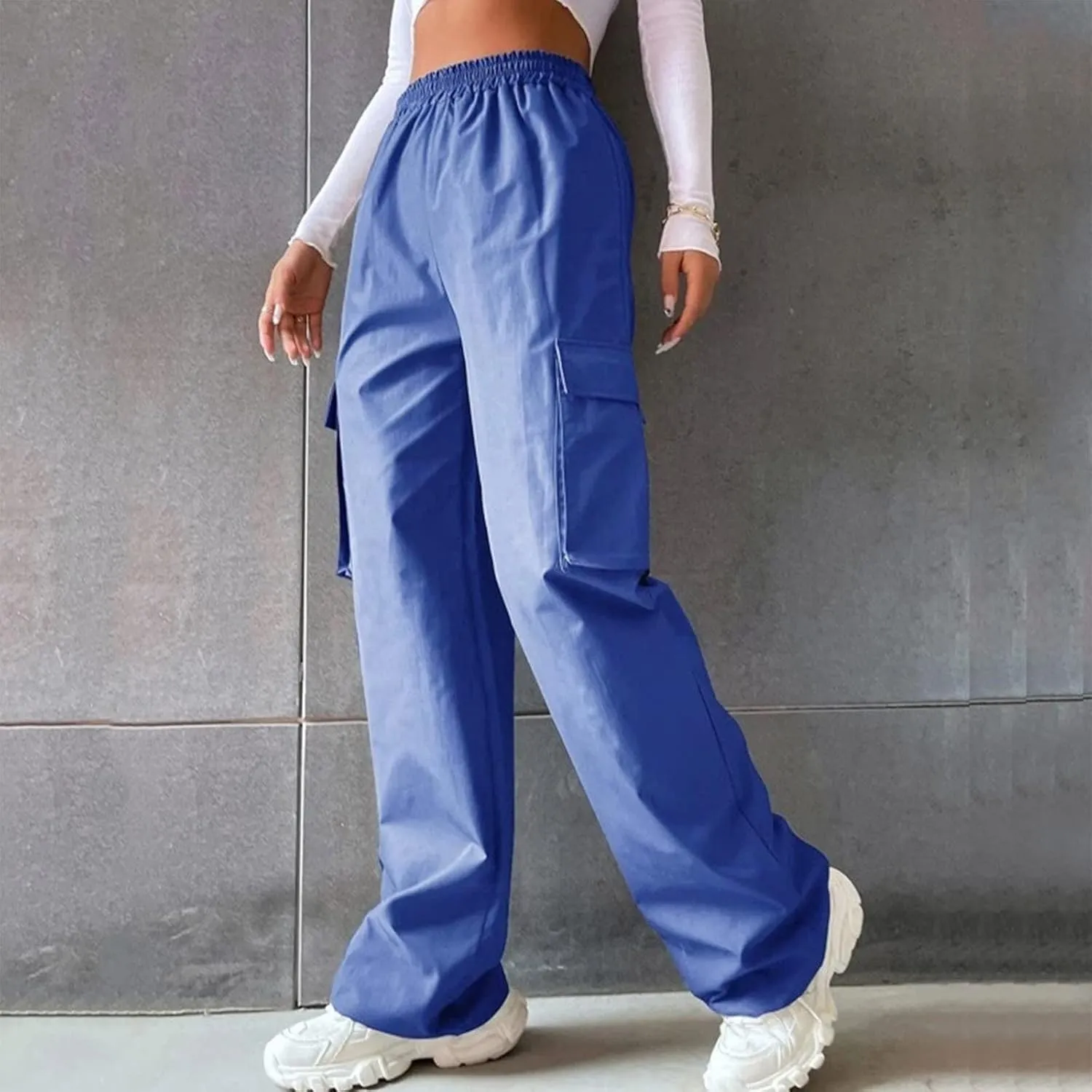 eoeioa Womens High Waist Trendy Y2K Cargo Pants Baggy Summer Straight Pockets Trousers Solid Wide Leg Overalls Long Pants