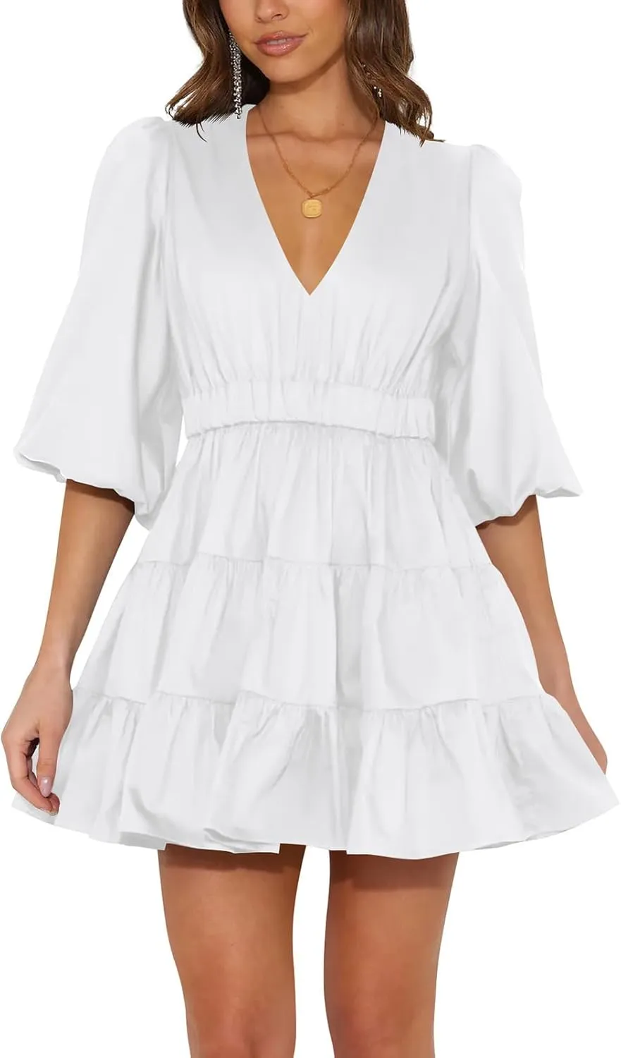 firfig Women's Casual Summer Dresses V Neck Half Sleeve Elastic Waist Flowy Tiered Short Mini Dress S-XXL