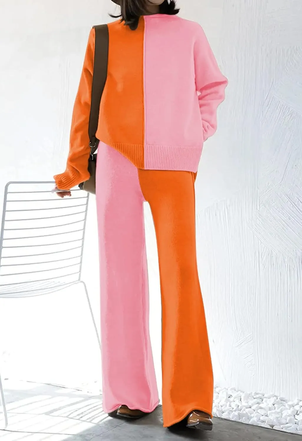 Fixmatti Women Knit Sweatsuit Turtleneck Sweater Top and Wide Leg Pant 2 Piece Outfits