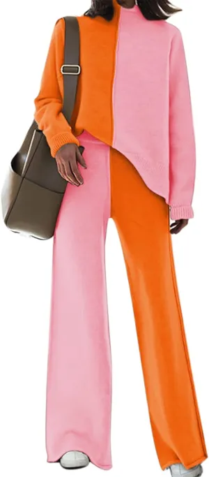 Fixmatti Women Knit Sweatsuit Turtleneck Sweater Top and Wide Leg Pant 2 Piece Outfits
