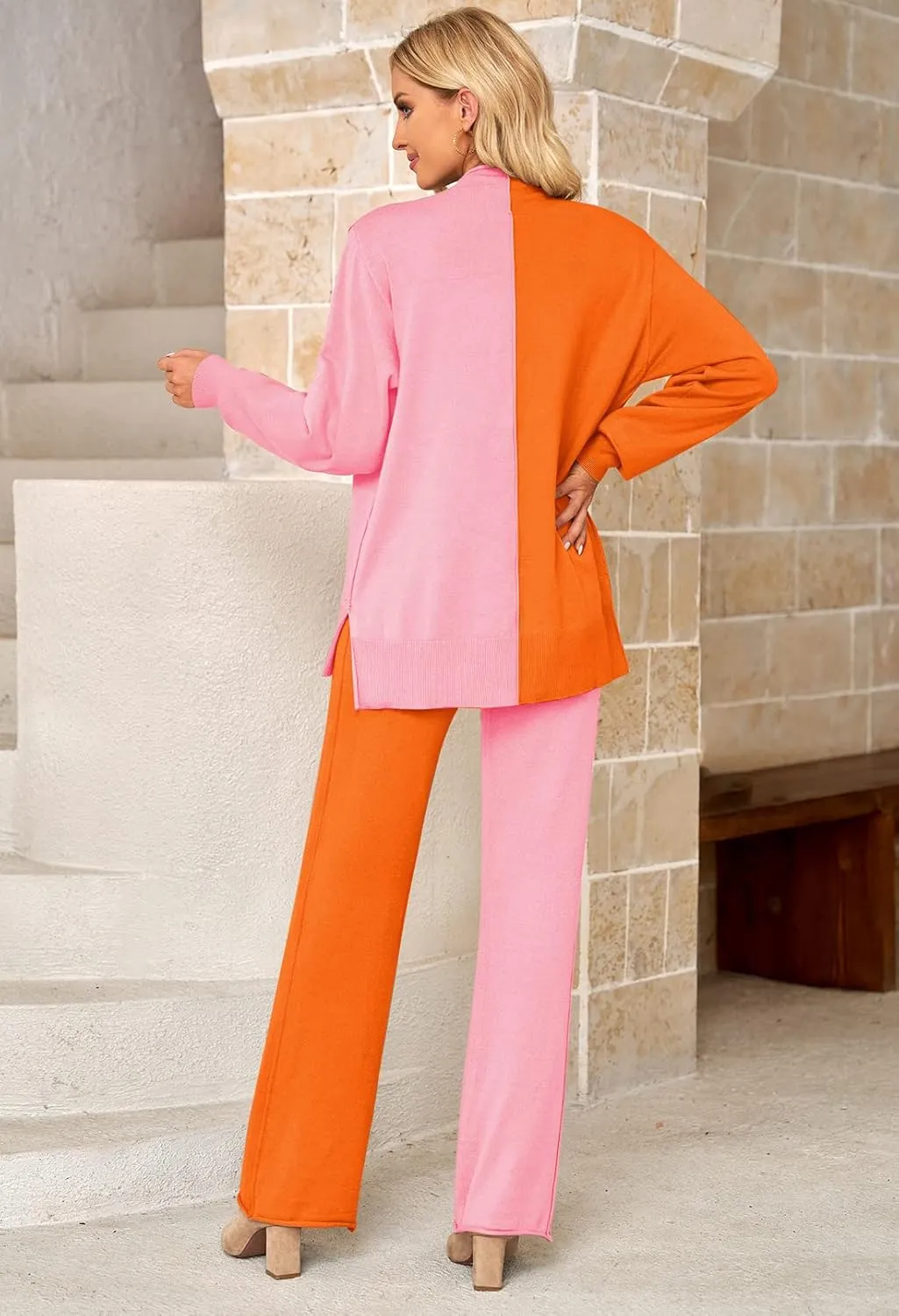Fixmatti Women Knit Sweatsuit Turtleneck Sweater Top and Wide Leg Pant 2 Piece Outfits