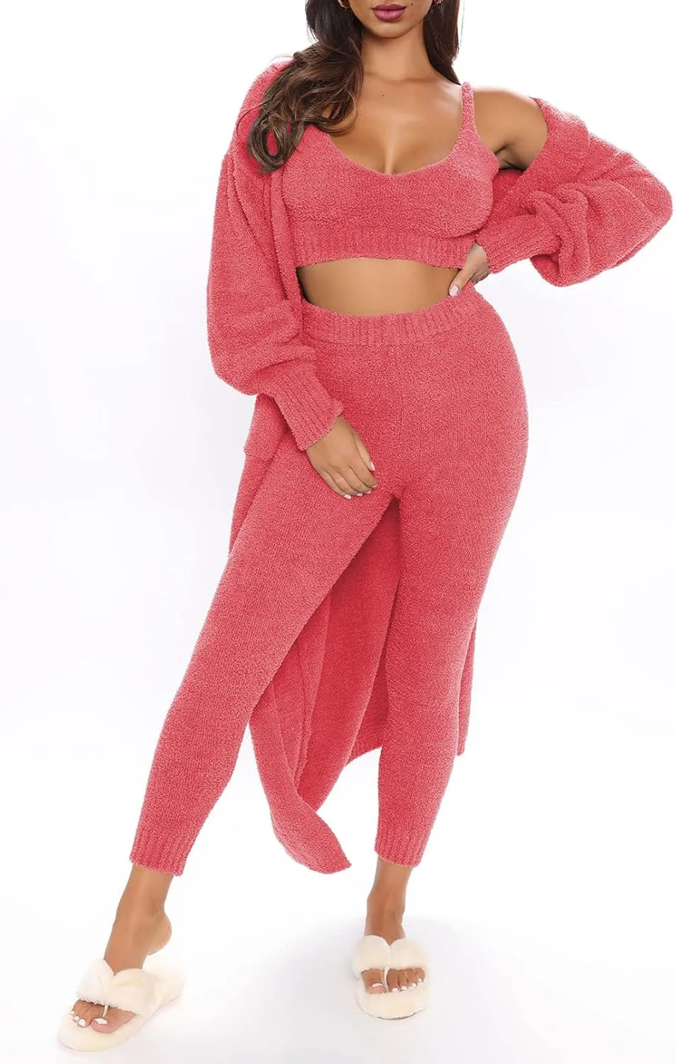 Fixmatti Women's Fuzzy Fleece 3 Piece Lounge Set Crop Tops Leggings Long Cardigan Knitted Sweatsuit Outfits