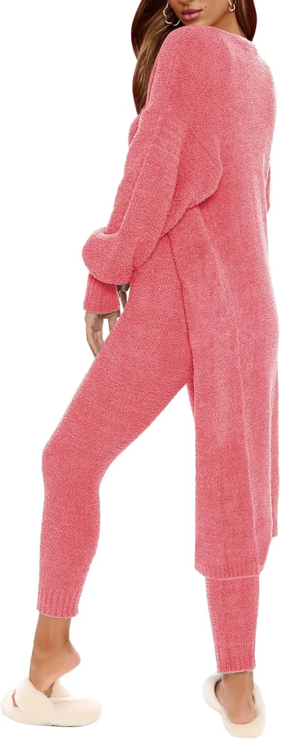 Fixmatti Women's Fuzzy Fleece 3 Piece Lounge Set Crop Tops Leggings Long Cardigan Knitted Sweatsuit Outfits