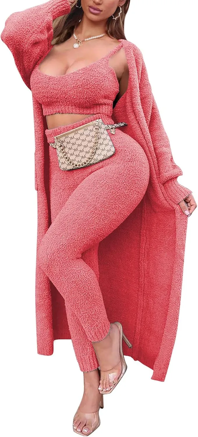 Fixmatti Women's Fuzzy Fleece 3 Piece Lounge Set Crop Tops Leggings Long Cardigan Knitted Sweatsuit Outfits