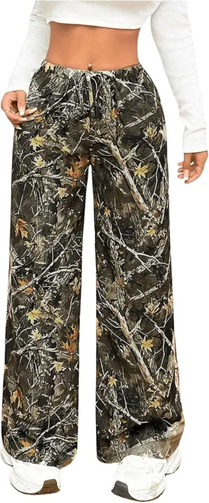 Floerns Women's Drawstring Waist Leopard Print Trousers Tie Front Wide Leg Pants